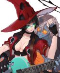  1boy 1girl absurdres black_choker black_gloves black_hair black_halo blue_horns blue_skin breasts choker cleavage colored_skin compass_rose_halo dark_halo electric_guitar fingerless_gloves gloves green-tinted_eyewear grey_hair guilty_gear guilty_gear_strive guitar halo happy_chaos hat highres hitsuji_kusa horns i-no instrument large_breasts looking_at_another medium_hair mole mole_above_mouth orange-tinted_eyewear red_headwear red_leather red_lips short_hair smile sunglasses tinted_eyewear venus_symbol witch_hat x-shaped_eyewear 
