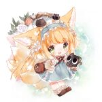  1girl animal_ears arknights bag basket black_cat blonde_hair blue_hairband blue_skirt blunt_ends blush bobby_socks brown_bag brown_footwear cardigan cat chibi colored_tips commentary_request cross-laced_clothes cross-laced_skirt cross-laced_slit crossover fox_ears fox_girl fox_tail frilled_hairband frills full_body green_eyes hair_ornament hair_scrunchie hairband heixiu in_basket keluy kitsune kyuubi long_hair long_sleeves looking_at_viewer luo_xiaohei luo_xiaohei_zhanji multicolored_hair multiple_tails neck_ribbon official_alternate_costume open_mouth puffy_long_sleeves puffy_sleeves red_ribbon ribbon round_bag scrunchie shoulder_bag skirt socks suzuran_(arknights) suzuran_(spring_praise)_(arknights) tail teeth two-tone_hair upper_teeth_only white_cardigan white_hair 