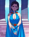 1girl alternate_costume belt black_hair blue_eyes breasts cape closed_mouth colored_skin dc_comics english_commentary exmile fingerless_gloves forehead_jewel gloves grey_skin large_breasts looking_at_viewer nervous raven_(dc) short_hair solo standing teen_titans 