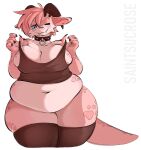 anthro belly blue_sclera breasts clothed clothing collar fangs female fruitsloops hair hi_res horn kobold legwear navel non-mammal_breasts one_eye_closed overweight overweight_anthro overweight_female pink_body pink_hair pink_scales pink_tail saintsucrose scales scalie simple_background solo stockings tail teeth white_background 