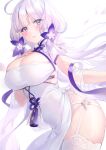  1girl azur_lane blue_eyes blush breasts china_dress chinese_clothes cleavage cleavage_cutout clothing_cutout cowboy_shot dress flower garter_straps hair_flower hair_ornament hand_up highres illustrious_(azur_lane) illustrious_(maiden_lily&#039;s_radiance)_(azur_lane) large_breasts long_hair looking_at_viewer official_alternate_costume pelvic_curtain simple_background solo thighhighs twintails white_background white_dress white_hair white_thighhighs ygcn 