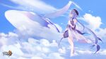  1girl ahoge animal bare_legs bare_shoulders barefoot beret bird black_headwear blue_sky breasts chinese_commentary cloud cloudy_sky day dress griseo hat highres honkai_(series) honkai_impact_3rd logo official_art official_wallpaper sky small_breasts solo whale white_dress 