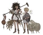  1girl 1other absurdres androgynous arm_wrap bare_shoulders black_eyes blonde_hair breasts brown_hair child commentary curly_hair dark-skinned_female dark_skin dress food fruit gladiator_sandals hand_on_own_hip hand_up highres hoe holding holding_stick lamb long_hair looking_at_another looking_to_the_side medium_breasts napal_(ve_xillum) original over_shoulder parted_lips sack sandals sheep short_hair sideboob simple_background smile speech_bubble spoken_animal spoken_object standing stick symbol-only_commentary toga wheat white_background white_dress 