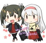  2girls black_hair black_jacket black_pants brown_eyes chibi dated hairband highres jacket kantai_collection multiple_girls official_alternate_costume orikoshi_shino pants red_hairband red_shirt red_skirt rolling_suitcase shirt shoukaku_(kancolle) skirt smile suitcase twitter_username white_hair white_shirt zuikaku_(kancolle) 