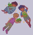  3boys aged_down barefoot black_hair blonde_hair blue_pajamas blush child closed_eyes closed_mouth commentary ekubo_(mob_psycho_100) english_commentary full_body grey_background hanazawa_teruki highres hug kageyama_ritsu kageyama_shigeo long_sleeves lying male_child male_focus metukika mob_psycho_100 multiple_boys on_back on_stomach pajamas pants parted_lips raglan_sleeves shirt short_hair short_sleeves shorts simple_background sleeping socks spirit star_(symbol) striped striped_pajamas 