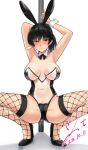  1girl amagami animal_ears armlet armpits arms_up black_eyes black_footwear black_hair black_thighhighs blush bowlegged_pose breasts cleavage closed_mouth commission covered_navel dated detached_collar embarrassed fake_animal_ears fishnet_thighhighs fishnets high_heels highres large_breasts long_hair looking_at_viewer meme_attire pixiv_commission pole_dancing ponytail rabbit_ears signature simple_background sleeves_past_wrists solo spread_legs stripper_pole thighhighs translucent_bunnysuit tsukahara_hibiki white_background yoo_tenchi 