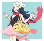  1girl :d absurdres bag beanie black_hair blue_eyes boots border bracelet dawn_(pokemon) duffel_bag eyelashes floating_scarf green_background hat highres holding holding_poke_ball jewelry kneehighs long_hair open_mouth pink_footwear pink_scarf pink_skirt poke_ball poke_ball_(basic) pokemon pokemon_(game) pokemon_dppt poketch rii_(mrhc7482) scarf shirt skirt sleeveless sleeveless_shirt smile socks solo teeth upper_teeth_only w_arms watch white_border white_headwear wristwatch yellow_bag 