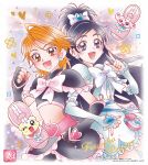  2girls arm_warmers belt black_hair blue_eyes bow brown_eyes crop_top cure_black cure_white dress earrings futari_wa_precure hair_bow heart heart_earrings highres jewelry long_hair magical_girl mepple mipple misumi_nagisa multiple_girls official_art orange_hair pouch precure short_hair shoulder_pads third-party_source white_dress yukishiro_honoka 