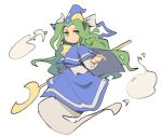  1girl :&gt; blue_capelet blue_headwear blue_skirt cape capelet closed_mouth full_body ghost ghost_tail green_eyes green_hair hand_up hat highres hitodama long_hair long_sleeves looking_at_viewer mima_(touhou) no_nose no_pupils parted_bangs print_headwear puffy_long_sleeves puffy_sleeves simple_background skirt skirt_set smile solo staff sun_print temmie_chang touhou touhou_(pc-98) v-shaped_eyebrows very_long_hair wavy_hair white_background wizard_hat 