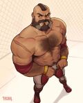  1boy abs absurdres arm_hair armband artist_name bara beard black_hair boots chest_hair cross_scar facial_hair highres large_pectorals male_focus mohawk muscular muscular_male navel nipples pants pectorals red_pants scar scar_on_arm short_hair solo street_fighter street_fighter_6 two-tone_pants white_pants whyhelbram zangief 