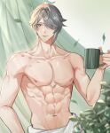  1boy abs absurdres ahoge alhaitham_(genshin_impact) blurry blurry_foreground blush closed_mouth collarbone commentary cup curtains english_commentary eyelashes genshin_impact green_eyes grey_hair hair_over_one_eye hand_up highres holding holding_cup indoors leaf light_rays looking_away male_focus moontea_bunny mug navel nipples one_eye_covered parted_bangs pectorals plant short_hair sidelocks solo stomach swept_bangs toned toned_male topless_male 