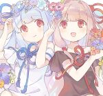  2girls bare_shoulders blue_hair blue_ribbon blunt_bangs chipochopo324 closed_mouth cowboy_shot dress flower flower_knot flower_request frilled_dress frills hair_intakes hair_ribbon hands_up head_wreath highres holding holding_flower kotonoha_akane kotonoha_aoi light_blush long_hair looking_at_viewer multiple_girls off-shoulder_dress off_shoulder open_mouth pink_hair red_eyes red_ribbon ribbon siblings side-by-side sidelocks simple_background sisters sitting smile voiceroid white_background 