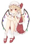  1girl bad_perspective blonde_hair bobby_socks convenient_leg crystal flandre_scarlet full_body gaden19 hand_on_own_cheek hand_on_own_face hat hat_ribbon highres knees_up long_hair mary_janes mob_cap puffy_short_sleeves puffy_sleeves red_eyes ribbon shoes short_sleeves side_ponytail simple_background skirt socks solo touhou very_long_hair vest white_background white_headwear wings 