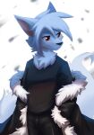  anthro black_bottomwear black_clothing black_nose black_pants blue_body blue_clothing blue_fur blue_hair blue_topwear bottomwear clothed clothing front_view fur glistening glistening_eyes hair hi_res kuttoyaki male mouth_closed narrowed_eyes pants red_eyes simple_background solo topwear 