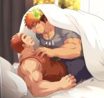  2boys animal_ears bara bare_arms biceps blanket brown_eyes brown_hair bulge casual couple cow_boy cow_ears cow_horns eye_contact facial_hair feather_necklace feet_out_of_frame fiery_horns flustered forked_eyebrows from_side glowing_horns goatee grey_shirt hand_on_another&#039;s_chest horns jewelry large_pectorals long_sideburns looking_at_another lying male_focus multiple_boys muscular muscular_male necklace on_back on_bed on_person pants pectoral_cleavage pectorals red_tank_top scar scar_on_cheek scar_on_face shirt short_hair sideburns smile spiked_hair sunfight0201 sunlight tamamura_gunzo tank_top thick_eyebrows thighs tokyo_afterschool_summoners track_pants wakan_tanka wide-eyed yaoi 