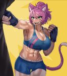  abs absurdres animal_ears boxing cat_ears cat_tail exercise ezzyecchi final_fantasy final_fantasy_xiv flying_sweatdrops green_eyes gym_uniform highres miqo&#039;te muscular muscular_female non-web_source open_mouth pink_hair ponytail punching punching_bag short_hair smile sports_bra sweat tail warrior_of_light_(ff14) 