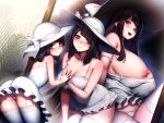  3girls black_hair blush breasts cleavage commentary_request different_reflection dress eatora fern garter_straps hasshaku-sama hat highres huge_breasts large_breasts long_hair looking_at_viewer medium_hair multiple_girls nipples off_shoulder one_breast_out open_mouth original panties pantyshot partial_commentary red_eyes reflection sleeveless sleeveless_dress smile thighhighs underwear white_dress white_headwear white_panties white_thighhighs 