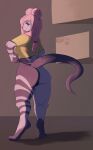  2021 absurd_res anthro artist_name biped breasts butt clothed clothing dated digital_media_(artwork) eyebrows female hair hairless_tail hi_res hindpaw kooriki long_hair looking_at_viewer looking_back looking_back_at_viewer mammal murid murine panties pantsless paws pink_hair rat rat_tail rear_view rodent shaded shirt solo topwear underwear whiskers yellow_clothing yellow_eyes yellow_shirt yellow_topwear 