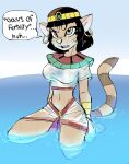  4_fingers amneris anthro black_hair breasts clothed clothing crown deity disney domestic_cat egyptian egyptian_clothing felid feline felis female fingers hair headgear hi_res mammal mostly_nude navel open_mouth short_hair solo waffl3sk4t water wet wet_clothing 