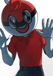  1boy ball_guy bite_addict black_pants buttons collared_shirt colored_skin facing_viewer hands_up highres male_focus mascot_costume mascot_head pants pokemon pokemon_(game) pokemon_swsh red_shirt shirt short_sleeves simple_background solo white_background white_skin 