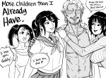  1boy 3girls :d absurdres arm_around_waist arms_around_neck bait_and_switch bb_(baalbuddy) breasts collared_shirt commentary english_commentary english_text faceless faceless_male family greyscale grin gyaruo highres hug large_breasts long_sleeves monochrome multiple_girls navel neckerchief open_clothes open_shirt original pleated_skirt ponytail ribbed_sweater school_uniform serafuku shirt simple_background skirt smile sweater twintails white_background wing_collar 