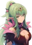  1girl breasts cleavage cleavage_cutout clothing_cutout fire_emblem fire_emblem_awakening fire_emblem_heroes flower green_eyes green_hair highres labebebe_lee large_breasts looking_at_viewer official_alternate_costume pointy_ears tiki_(adult)_(fire_emblem) tiki_(adult)_(resplendent)_(fire_emblem) tiki_(fire_emblem) white_background 
