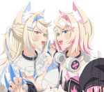  2girls animal_collar animal_ear_fluff animal_ears asymmetrical_docking bandaid_hair_ornament black_collar black_jacket blonde_hair blue_eyes blue_hair blue_hairband blue_nails blush_stickers breast_press breasts center_frills chunky_(chunkeeh) claws collar commentary crossed_bangs dog_ears dress fake_horns fang flat_chest frilled_shirt_collar frills fur-trimmed_jacket fur_trim fuwawa_abyssgard hair_between_eyes hair_intakes hair_ornament hairband hairclip headphones headphones_around_neck highres holding_hands hololive hololive_english horns interlocked_fingers jacket large_breasts long_hair long_sleeves looking_at_viewer mococo_abyssgard multicolored_hair multiple_girls nail_polish open_mouth perroccino_(fuwamoco) pink_eyes pink_hair pink_hairband pink_nails shirt short_hair siblings simple_background sisters skin_fang spiked_collar spikes streaked_hair twins two_side_up upper_body virtual_youtuber white_background white_dress white_shirt x_hair_ornament 
