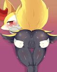  anthro anus biped black_body blush bodily_fluids braixen butt censored censored_genitalia censored_pussy female fur generation_6_pokemon genitals glistening glistening_body hi_res himimi inner_ear_fluff looking_back mosaic_censorship nintendo pokemon pokemon_(species) presenting presenting_hindquarters pussy raised_tail rear_view red_body red_eyes red_fur solo sweat tail tuft white_body white_fur yellow_body yellow_fur 