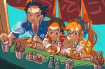  1girl 2boys :d ace_attorney antenna_hair apollo_justice aqua_necktie athena_cykes black_hair blue_eyes blue_jacket blue_ribbon blush_stickers bowl brown_eyes brown_hair chopsticks collared_shirt cup drinking_glass eating food food_stand forked_eyebrows grgrton hair_ribbon jacket jewelry kamaboko lapel_pin lapels layered_sleeves long_hair long_sleeves multiple_boys narutomaki necklace necktie noodles orange_hair parted_lips phoenix_wright ramen red_necktie red_vest ribbon salt_shaker shirt short_hair shot_glass side_ponytail smile spiked_hair suit_jacket sweat swept_bangs v-shaped_eyebrows very_long_hair vest white_shirt yatai yellow_jacket 