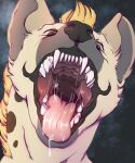  ambiguous_gender black_nose bodily_fluids brown_eyes brown_pupils cheek_tuft facial_tuft fangs feral front_view fur grey_inner_ear hi_res hyena lionfloof looking_at_viewer mammal mouth_shot open_mouth pupils red_tongue saliva saliva_on_tongue saliva_string sharp_teeth solo spots spotted_body spotted_fur spotted_neck tan_body tan_fur teeth tongue tuft 