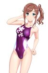  1girl absurdres blue_eyes breasts brown_hair competition_swimsuit covered_navel floral_print hair_ornament hair_scrunchie high_school_fleet highleg highleg_swimsuit highres ise_sakura long_hair looking_at_viewer medium_breasts multicolored_clothes multicolored_swimsuit one-piece_swimsuit purple_one-piece_swimsuit scrunchie side_ponytail simple_background solo standing swimsuit takafumi variant_set white_background 