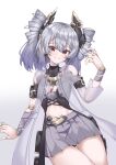  1girl android bare_shoulders commentary_request earrings gradient_background grey_background grey_hair grey_skirt grin hair_between_eyes hand_up headgear highres honkai_(series) honkai_impact_3rd jewelry looking_at_viewer pleated_skirt prometheus_(honkai_impact) red_eyes see-through skirt smile solo tor_ai white_background 