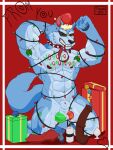  absurd_res animal_dildo animal_genitalia animal_sex_toy anthro balls blue_body bodypaint canine_dildo christmas dildo equine_dildo flexing genitals hi_res holidays male muscular painted_balls sex_toy simple_background solo text thask_sks white_body 