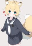  1girl absurdres animal_ear_fluff animal_ears black_sailor_collar black_serafuku black_shirt black_skirt blonde_hair blue_eyes blush closed_mouth fox_ears fox_girl fox_tail gingerbullet grey_background hair_between_eyes heart highres long_sleeves looking_at_viewer neckerchief original pinching_sleeves pleated_skirt puffy_long_sleeves puffy_sleeves sailor_collar school_uniform serafuku shirt simple_background skirt sleeves_past_wrists smile solo standing tail white_neckerchief 