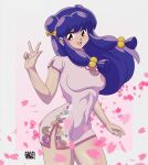  1girl absurdres bell blush braid breasts china_dress chinese_clothes chinese_text copyright_request double_bun dress gaqs001 hair_bell hair_bun hair_ornament highres long_hair looking_at_viewer open_mouth petals purple_hair ranma_1/2 red_eyes shampoo_(ranma_1/2) signature smile solo v 
