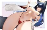  1girl animal_ears ass_visible_through_thighs black_hair black_nails blue_eyes blue_hair blush breasts cosplay detached_sleeves floral_print fox_ears fox_girl fox_tail from_below genshin_impact hair_between_eyes hair_censor hair_ornament hair_over_breasts hand_up highleg highleg_panties japanese_clothes large_breasts long_hair long_sleeves looking_at_viewer multicolored_hair nail_polish navel open_mouth original panties patreon_username red_panties reiko_(tofuubear) sidelocks smile solo tail teeth thick_thighs thighs tofuubear topless two-tone_hair underwear upper_teeth_only wide_hips wide_sleeves yae_miko yae_miko_(cosplay) 