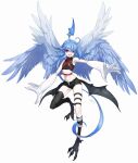  1boy animal_feet artist_name asymmetrical_legwear bird_legs bird_wings black_shirt black_shorts black_wings blue_hair blue_wings claws demon_boy demon_wings feathered_wings full_body hand_up harpy_boy head_wings highres kneehighs long_pointy_ears looking_at_viewer low_wings male_focus mismatched_legwear monster_boy multiple_wings navel open_mouth original otoko_no_ko oversized_forearms oversized_limbs pink_eyes pointy_ears rokito shirt short_hair_with_long_locks short_shorts shorts simple_background single_head_wing skin_tight skinny sleeveless slit_pupils socks solo stomach talons thigh_strap thighhighs white_background wings 