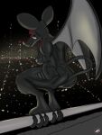  3_toes 5_fingers anthro anus bat bat_ears bat_nose bat_wings beckoning bedroom_eyes big_ears black_body black_fur black_sclera butt chest_tuft city city_background city_lights cityscape crotch_tuft digitigrade duo fangs feet female fingers fur gargoyle genitals gesture gesturing_at_viewer glowing glowing_eyes hi_res looking_at_viewer looking_back mammal membrane_(anatomy) membranous_wings monster muscular muscular_anthro muscular_female narrowed_eyes night on_rail prehensile_tail presenting presenting_hindquarters pussy railing red_eyes seductive sharp_teeth smile smiling_at_viewer spread_wings tail teeth toes tuft wings word360 