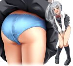  1girl absurdres ass ass_focus black_footwear black_ribbon black_socks blue_panties blush collared_shirt commentary_request covering covering_crotch dress dress_shirt from_behind full_body grey_hair hair_ribbon highres kantai_collection kasumi_(kancolle) loafers long_hair long_sleeves looking_at_viewer mtu_virus multiple_views neck_ribbon nose_blush open_mouth panties pinafore_dress red_ribbon ribbon round_teeth shirt shoes side_ponytail simple_background sleeveless sleeveless_dress socks teeth underwear upper_teeth_only v_arms white_background white_shirt yellow_eyes zanntetu 
