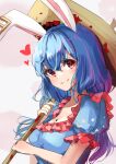  1girl animal_ears blood blood_on_weapon blue_dress blue_hair dress hammer heart holding holding_hammer huge_weapon long_hair rabbit_ears rabbit_girl red_eyes seiran_(touhou) shironeko_yuuki short_sleeves simple_background smile solo touhou weapon 