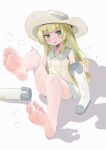  1girl absurdres bare_legs barefoot blonde_hair blunt_bangs blush boots boots_removed braid collared_dress commentary_request commission dress feet flying_sweatdrops green_eyes hat highres holding holding_boots holding_clothes holding_footwear knees lillie_(pokemon) long_hair looking_at_viewer lts_kakuyo open_mouth pokemon pokemon_(game) pokemon_sm short_dress sitting skeb_commission sleeveless sleeveless_dress smile soles solo sweatdrop toes twin_braids white_background 