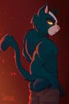  absurd_res angry_face avocato blue_body bulge butt clothing felid feline final_space gz_draws hi_res looking_at_viewer male mammal muscular red_background simple_background solo underwear ventrexian yellow_eyes 