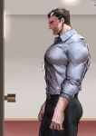  1boy bara black_hair blush camera collared_shirt darius_(league_of_legends) highres large_pectorals league_of_legends male_focus manly mature_male multicolored_hair muscular muscular_male nipples panties pectorals profile_picture red_eyes scar shirt silver_(ordinary_1) solo teeth thick_arms thick_eyebrows tight_clothes underwear white_hair 