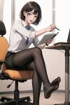  1girl artist_request black_eyes black_hair black_pantyhose black_skirt book chair desk dress_shirt feet formal highres legs looking_at_viewer office_chair office_lady open_mouth original pantyhose pen pencil_skirt shirt short_hair skirt skirt_suit soles suit swivel_chair toes 