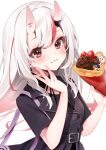  1girl :3 blush casual commentary food food_wrapper fruit hand_on_own_cheek hand_on_own_face highres hololive horns ice_cream_crepe long_hair looking_at_viewer multicolored_hair nakiri_ayame oni_horns red_eyes red_hair shiro_hebi_rei simple_background skin-covered_horns solo strawberry streaked_hair symbol-only_commentary upper_body white_background white_hair 