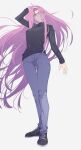  1girl absurdres anianiani0607 arm_at_side arm_up ass_visible_through_thighs black_sweater blue_pants breasts casual denim fate/grand_order fate/stay_night fate_(series) floating_hair forehead glasses hand_in_own_hair hand_on_own_head highres jeans long_hair long_sleeves looking_at_viewer medium_breasts medusa_(fate) medusa_(rider)_(fate) pants parted_lips purple_eyes purple_hair shoes sneakers solo sweater thigh_gap upper_body very_long_hair 