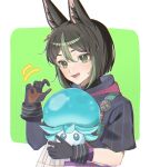  1boy 1other animal_ear_fluff animal_ears asymmetrical_sleeves black_hair blush border commentary creature earrings fox_boy fox_ears genshin_impact gloves green_background green_eyes green_hair holding hood hoodie jewelry looking_at_viewer male_focus medal multicolored_clothes multicolored_gloves multicolored_hair open_mouth orange_gloves papipipi71 single_earring smile tighnari_(genshin_impact) white_border 