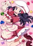  1girl alcremie apron black_eyes black_hair blush cupcake dawn_(palentine&#039;s_2021)_(pokemon) dawn_(pokemon) dress food hair_ornament hat heart high_heels long_hair looking_at_viewer loose_socks nashirasauce official_alternate_costume open_mouth oven_mitts pink_background pink_dress pokemon pokemon_(creature) pokemon_(game) pokemon_masters_ex polka_dot polka_dot_background puffy_short_sleeves puffy_sleeves red_footwear short_sleeves smile socks teeth upper_teeth_only white_headwear 