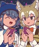  2girls animal_ears animal_print apron blonde_hair blue_headwear bow bowtie elbow_gloves extra_ears gloves grey_eyes grey_hair hikari_(kemono_friends) kamillekawaiine kemono_friends kemono_friends_3 multiple_girls shirt short_hair simple_background thylacine_(kemono_friends) tiger_ears tiger_girl tiger_print 