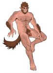  1boy abs animal_ears arm_hair bara beard blue_eyes body_fur brown_hair completely_nude facial_hair fingernails flaccid full_body gh_himainu grin hairy highres huge_eyebrows large_pectorals leg_hair looking_at_viewer male_focus male_pubic_hair monster_prom muscular muscular_male navel navel_hair nipples nude pectorals pubic_hair scott_howl sharp_fingernails short_hair smile solo stomach tail thick_eyebrows thighs white_background wolf_boy wolf_ears wolf_tail 